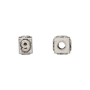 Bead, antiqued pewter (tin-based alloy), 8x6mm rectangle with number "9." Sold per pkg of 4.