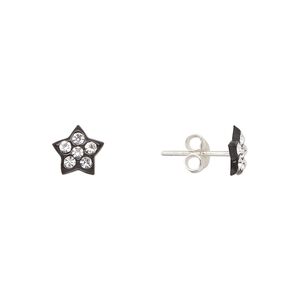 Earstud, Create Compliments®, sterling silver and crystal, black and clear, 7mm star. Sold per pair.