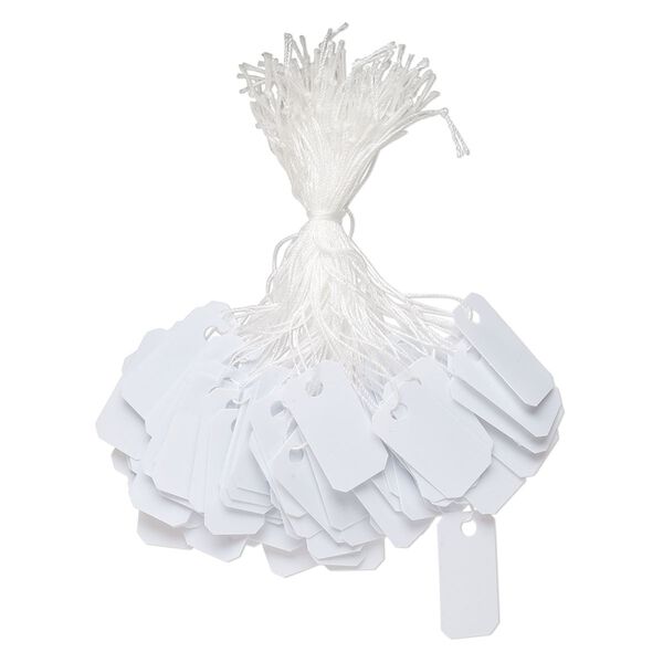 Tag, plastic, white, 1 x 1/2 inch rectangle. Sold per pkg of 100. image number 0