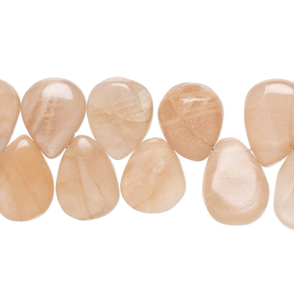 Bead, peach moonstone (natural), 11x9mm-16x11mm hand-cut top-drilled puffed teardrop with 0.4-1.4mm hole, B grade, Mohs hardness 6 to 6-1/2. Sold per 7-inch strand, approximately 35 beads. image number 0