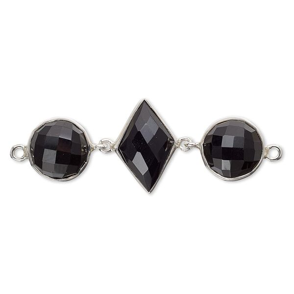 Link, black onyx (dyed) and sterling silver, 40x16mm single-sided with 11mm faceted round and 16x11mm faceted diamond. Sold individually. image number 0