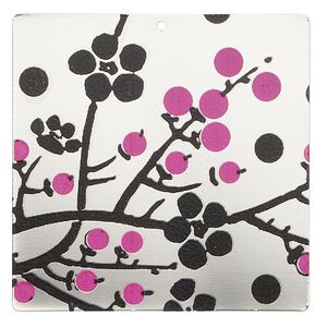 Focal, imitation rhodium-finished carbon steel, black and pink, 40x40mm single-sided square with cherry blossom design. Sold per pkg of 2.