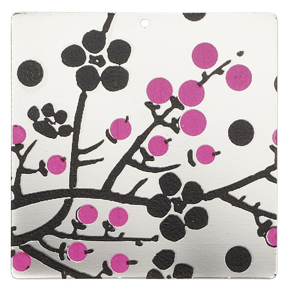 Focal, imitation rhodium-finished carbon steel, black and pink, 40x40mm single-sided square with cherry blossom design. Sold per pkg of 2. image number 0