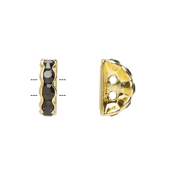 Spacer, glass rhinestone and gold-finished brass, black, 12x4mm 2-strand half-round bridge, fits up to 3.5mm bead. Sold per pkg of 10. image number 0