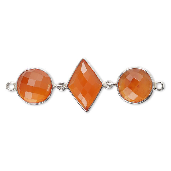 Link, carnelian (dyed / heated) and sterling silver, 40x16mm single-sided with 11mm faceted round and 16x11mm faceted diamond. Sold individually. image number 0