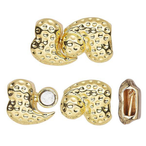 Clasp, magnetic, gold-plated "pewter" (zinc-based alloy), 24x14mm hammered freeform with (2) 7.2x3mm glue-in end caps. Sold individually. image number 0