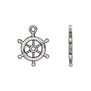 Charm, antique silver-plated "pewter" (zinc-based alloy), 17x15mm double-sided ship's helm wheel. Sold per pkg of 20.