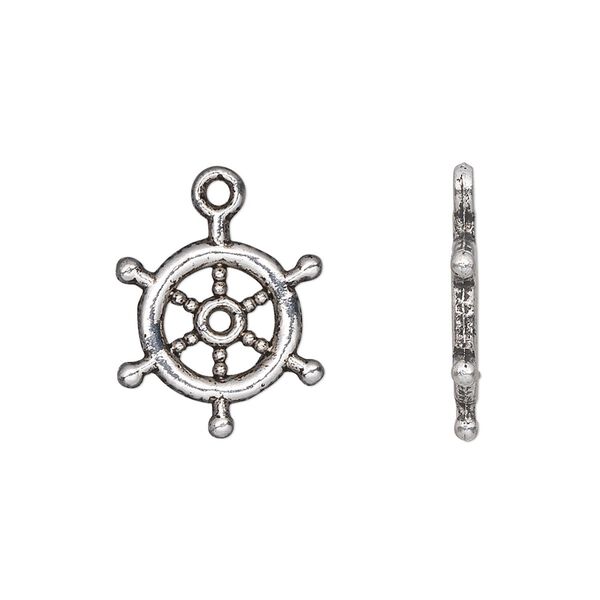 Charm, antique silver-plated "pewter" (zinc-based alloy), 17x15mm double-sided ship's helm wheel. Sold per pkg of 20. image number 0