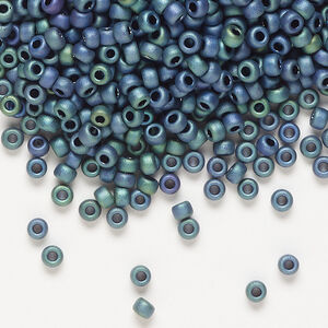 Seed bead, Miyuki, glass, 1pkg10g, #8 rocaille, opaque matte metallic iris blue green (RR-2064)