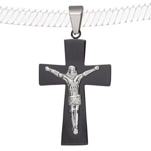Pendant, stainless steel and black-plated stainless steel, 44x27mm crucifix. Sold individually.