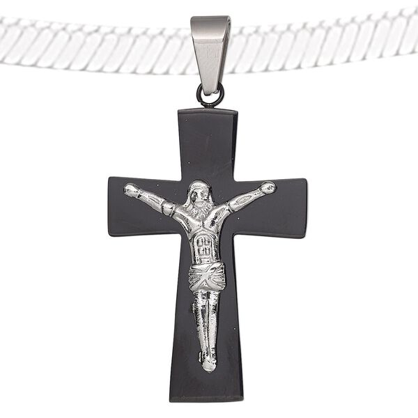 Pendant, stainless steel and black-plated stainless steel, 44x27mm crucifix. Sold individually. image number 0