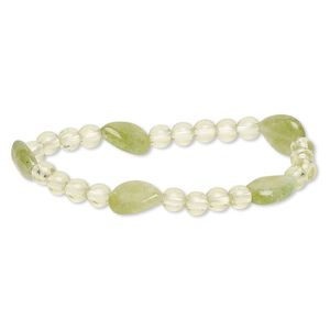 Bracelet, stretch, quartz (dyed) and acrylic, yellow-green and light green, 5-6mm round and 13x10mm-14x11mm flat teardrop, 6-1/2 inches. Sold individually.
