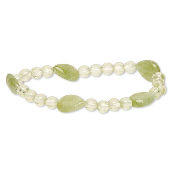 Bracelet, stretch, quartz (dyed) and acrylic, yellow-green and light green, 5-6mm round and 13x10mm-14x11mm flat teardrop, 6-1/2 inches. Sold individually. image number 0