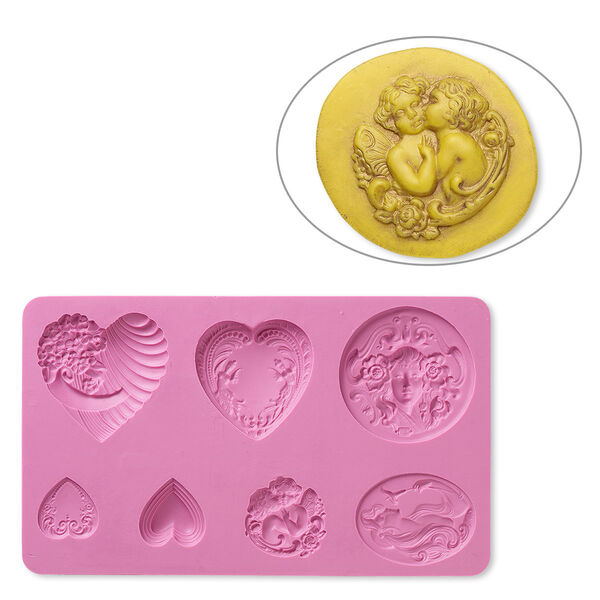 Mold, silicone, fuchsia, 6-5/8 x 4 x 3/8 inches with 22x22mm-49x47mm multi-shape. Sold individually. image number 0