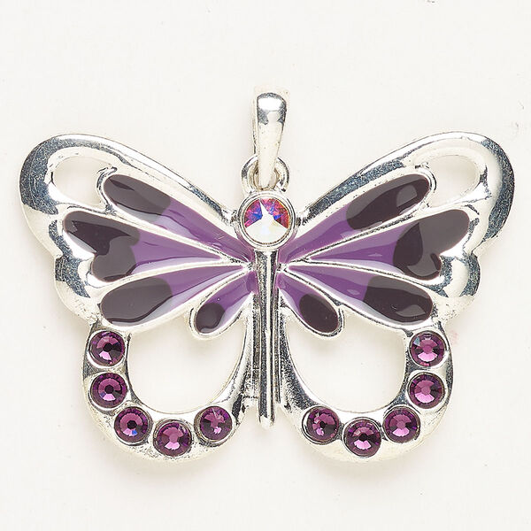 Pendant "pewter" zinc-based alloy enamel glass 1pk 42x28mm butterfly, silver finish multicolored image number 0