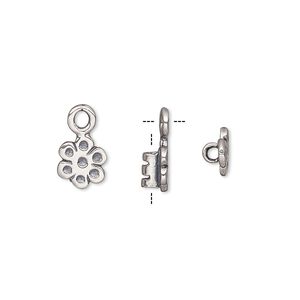 Crimp end, antique silver-plated brass, 8x7mm flower with loop, 2mm inside diameter. Sold per pkg of 2.