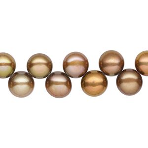 Pearl, cultured freshwater (dyed), copper, 7-8mm top-drilled flat-sided round with 0.4-0.5mm hole, B grade, Mohs hardness 2-1/2 to 4. Sold per 14-inch strand.
