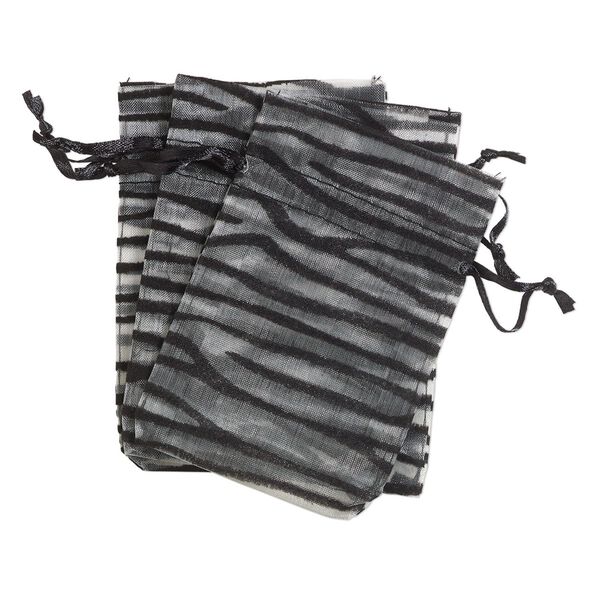 Pouch, satin and flocked organza, grey and black, 4x3-inch rectangle with zebra design and drawstring. Sold per pkg of 3. image number 0