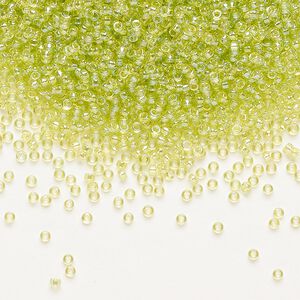 Seed bead, Miyuki, glass, pkg/35g, #15 rocaille, translucent rainbow chartreuse (RR-258).