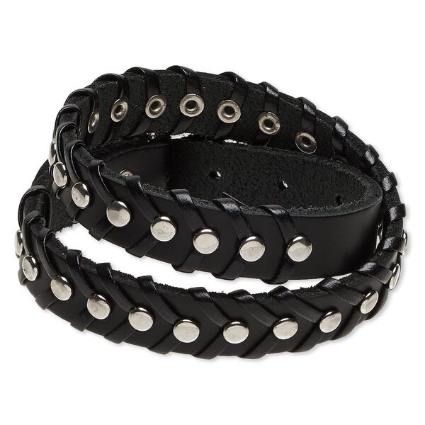 Bracelet, wrap, leather (dyed) with imitation rhodium-plated steel and "pewter" (zinc-based alloy), black, 12mm wide with round studs, adjustable from 5-1/2 to 7-1/2 inches with buckle-style closure. Sold individually. image number 0