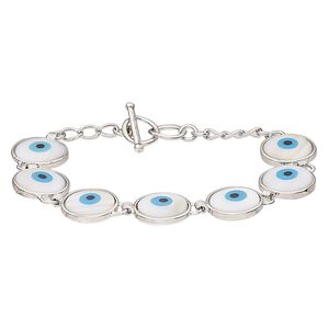 Bracelet, gold lip shell (assembled) / acrylic / silver-plated brass / steel, blue and black, 15mm round with wards off the evil eye design, 6-1/2 and 7 inches with toggle clasp. Sold individually.