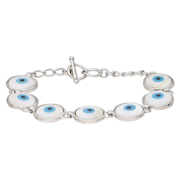 Bracelet, gold lip shell (assembled) / acrylic / silver-plated brass / steel, blue and black, 15mm round with wards off the evil eye design, 6-1/2 and 7 inches with toggle clasp. Sold individually. image number 0