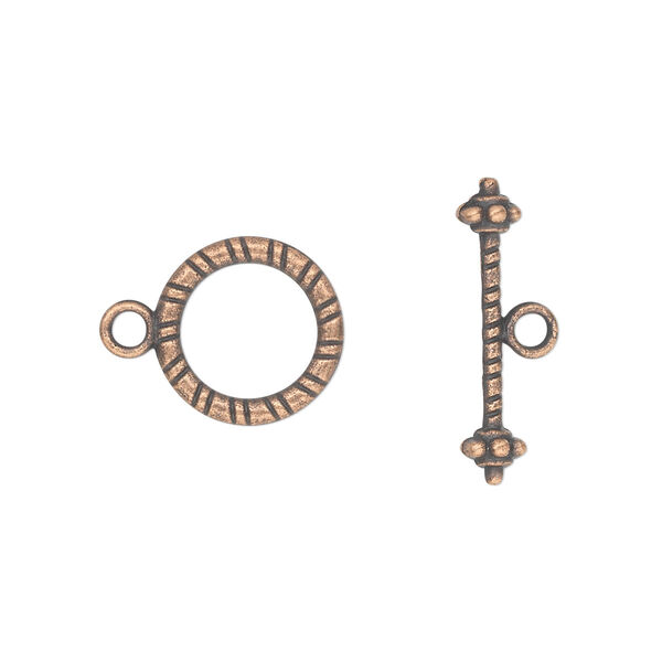 Clasp, toggle, antique copper-plated "pewter" (zinc-based alloy), 13mm double-sided round. Sold per pkg of 20. image number 0