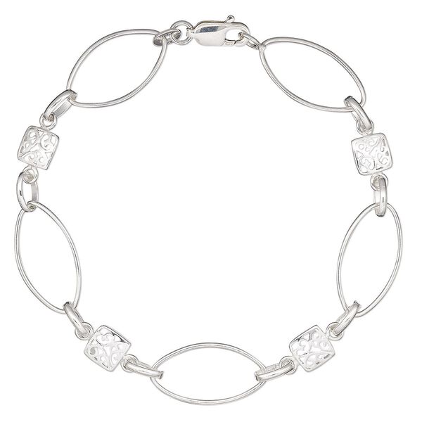 Bracelet, Create Compliments®, sterling silver, 6mm square / 6x4mm oval / 19x10mm marquise, 7 inches with lobster claw clasp. Sold individually. image number 0
