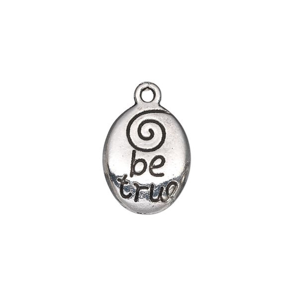 Drop, antique silver-plated "pewter" (zinc-based alloy), 17x13mm double-sided oval with "be true." Sold per pkg of 10. image number 0