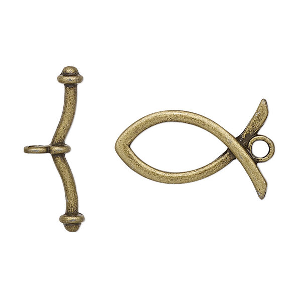 Clasp, toggle, antique brass-plated "pewter" (zinc-based alloy), 23x15mm Christian fish. Sold per pkg of 4. image number 0