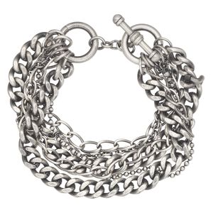 Bracelet, 6-strand, antique silver plate brass, 7 inches with toggle clasp. Sold individually.