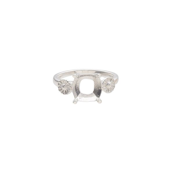 Ring, sterling silver, 10mm band with flower design and open back with 10mm cushion fancy stone 4-prong setting, size 9. Sold individually. image number 0