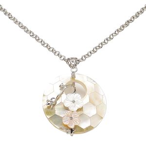 Necklace, resin / gold lip shell / freshwater pearl shell (dyed / assembled) / glass rhinestone / imitation rhodium-plated brass, pink and clear, 41mm round go-go with flowers, 18 inches with 3-inch extender chain and lobster claw clasp. Sold individually.