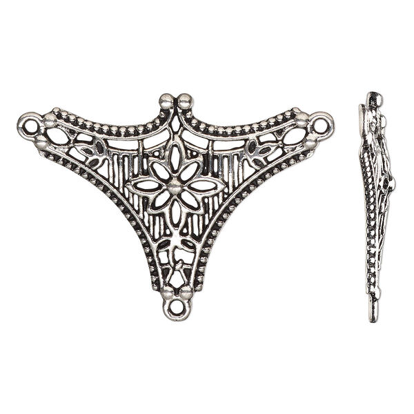Connector, antique silver-finished "pewter" (zinc-based alloy), 43x31.5mm single-sided Y-connector with flower and 2 closed loops. Sold per pkg of 4. image number 0