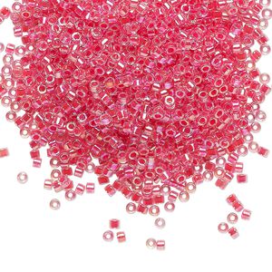 Seed bead, Delica®, glass, pkg/7.5g, #11 round, translucent dark coral-lined rainbow crystal clear (DB-0075).