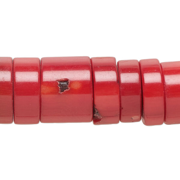 Bead, bamboo coral (dyed), red, 15x5mm-16x12mm hand-cut round heishi, Mohs hardness 3-1/2 to 4. Sold per 8-inch strand, approximately 25-30 beads. image number 0