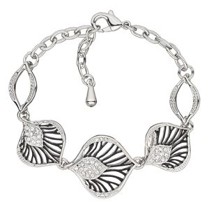 Bracelet, enamel / glass rhinestone / imitation rhodium-plated brass / steel / "pewter" (zinc-based alloy), black and clear, 25mm wide with leaf, 6-1/2 inches with 1-inch extender chain and lobster claw clasp. Sold individually.