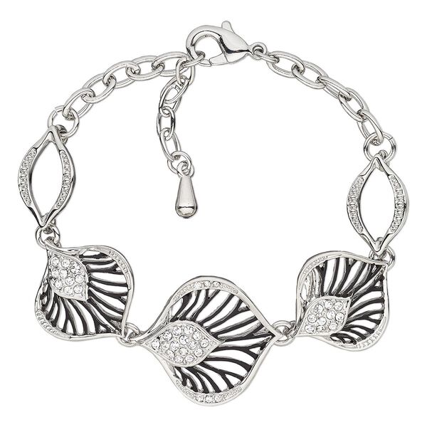 Bracelet, enamel / glass rhinestone / imitation rhodium-plated brass / steel / "pewter" (zinc-based alloy), black and clear, 25mm wide with leaf, 6-1/2 inches with 1-inch extender chain and lobster claw clasp. Sold individually. image number 0
