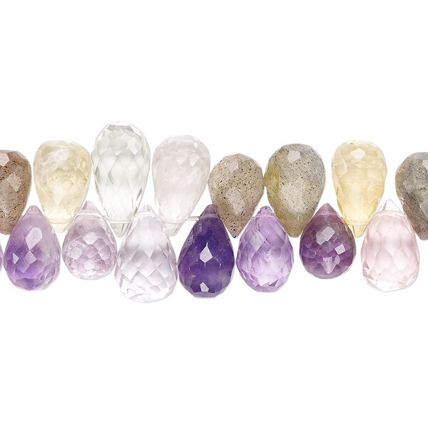 Bead, multi-gemstone (natural / dyed / heated / irradiated) and glass, multicolored, 8x6mm-12x7mm hand-cut top-drilled faceted teardrop, C grade, Mohs hardness 3 to 7. Sold per 4-inch strand. image number 0
