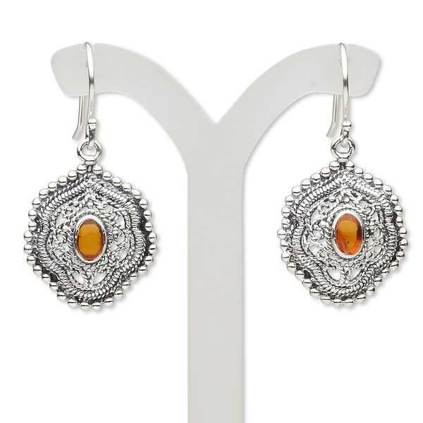 Earring, amber (reconstituted) and antiqued sterling silver, 38mm with freeform design and fishhook ear wire. Sold per pair. image number 0