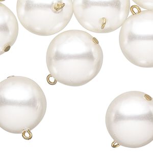 Drop, acrylic, white pearl, gold-finished brass, 16mm round. Sold per pkg of 100.