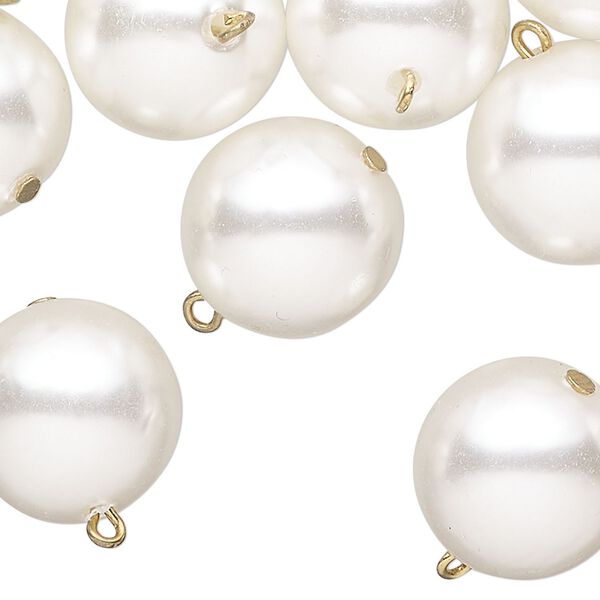 Drop, acrylic, white pearl, gold-finished brass, 16mm round. Sold per pkg of 100. image number 0