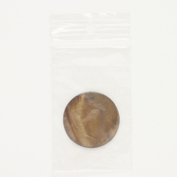 Focal, mother-of-pearl shell (dyed), brown, 35mm top-drilled flat round, Mohs hardness 3-1/2. Sold individually. image number 0