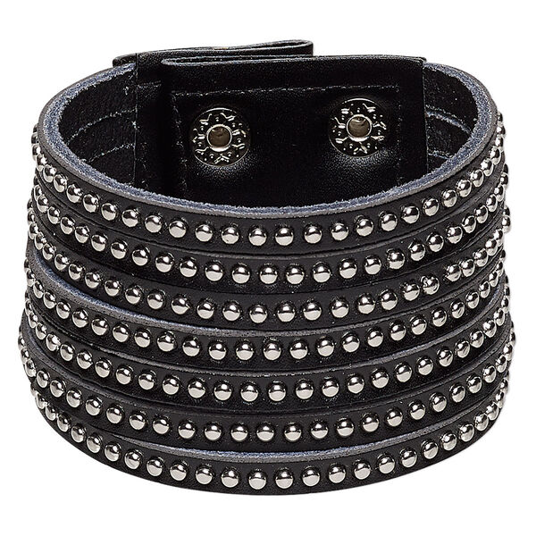 Bracelet, leather (dyed) and imitation rhodium-finished steel, black, 50mm wide with round studs, adjustable at 5-1/2 and 6-1/2 inches with snap closure. Sold individually. image number 0