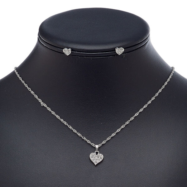 Necklace and earring set, glass rhinestone / imitation rhodium-plated steel / brass / "pewter" (zinc-based alloy), clear, 12x11mm heart, 18-inch necklace with 2-inch extender chain and lobster claw clasp, 6x6mm heart with post. Sold per set. image number 0