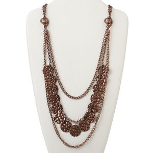Necklace, 4-strand, antiqued copper-finished brass and steel, 24mm hammered flat round, 30 inches with 3-inch extender chain and lobster claw clasp. Sold individually.