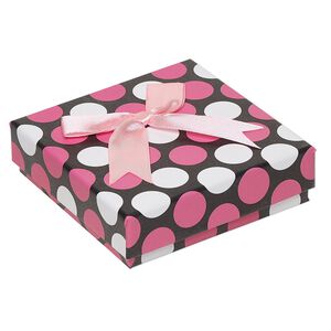 Gift box, cardboard / paper / leatherette / polyester / steel, multicolored, 3-1/2 x 3-1/2 x 1-inch square with polka dot design and bow. Sold per pkg of 12.