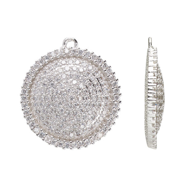 Drop, cubic zirconia and silver-plated brass, clear, 24mm single-sided domed round. Sold individually. image number 0