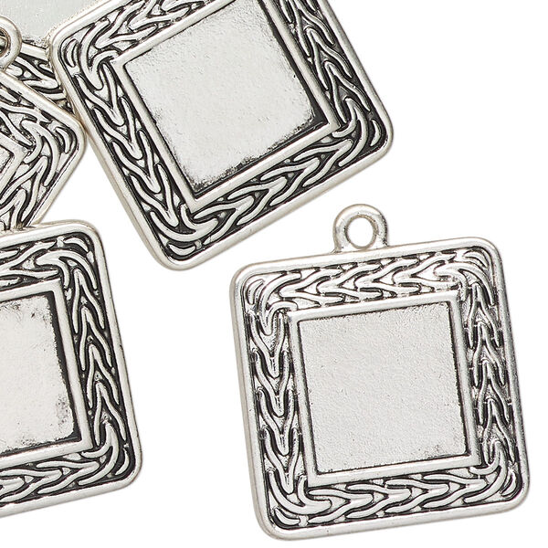 Drop, antique silver finish "pewter" (zinc-based alloy), 23mm braided square with 12mm square setting. Sold per pkg of 6. image number 0