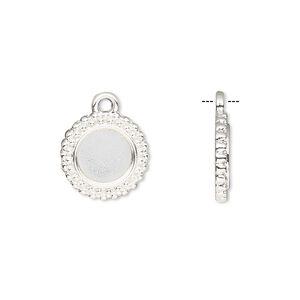 Drop, silver-finished brass, 13mm single-sided beaded round with 8mm round setting. Sold per pkg of 10.